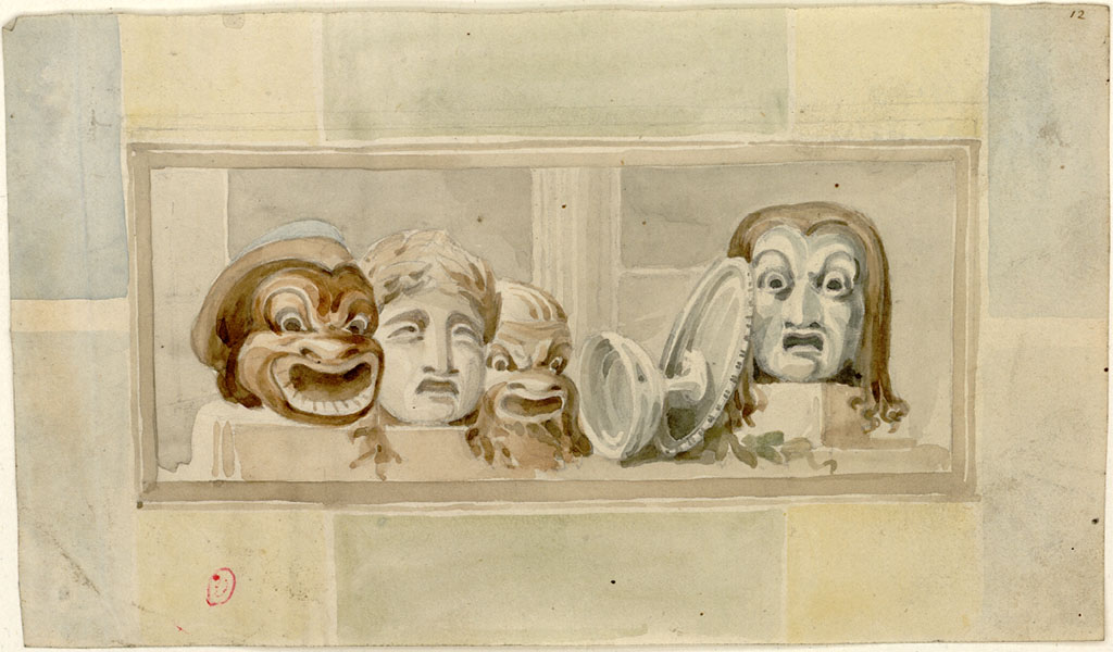 VI.2.4 Pompeii. c.1819 sketch by W. Gell of painting of masks from the south-west corner of room on north side of tablinum.
See Gell W & Gandy, J.P: Pompeii published 1819 [Dessins publiés dans l'ouvrage de Sir William Gell et John P. Gandy, Pompeiana: the topography, edifices and ornaments of Pompei, 1817-1819], p. 57.
See book in Bibliothèque de l'Institut National d'Histoire de l'Art [France], collections Jacques Doucet Gell Dessins 1817-1819
Use Etalab Open Licence ou Etalab Licence Ouverte
