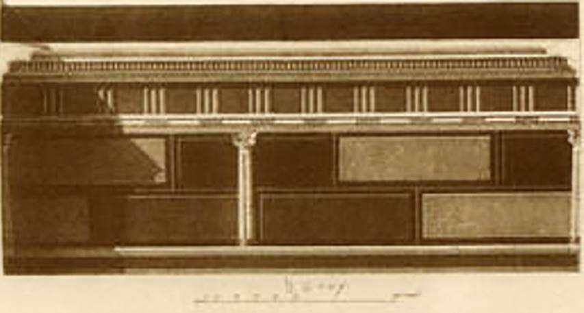 VI.2.4 Pompeii. 1882. Drawing of decoration on wall in second room on right of atrium.
See Mau, A. 1882. Geschichte der Decorativen Wandmalerei in Pompeji. Berlin: Reimer. (Taf 1b).

