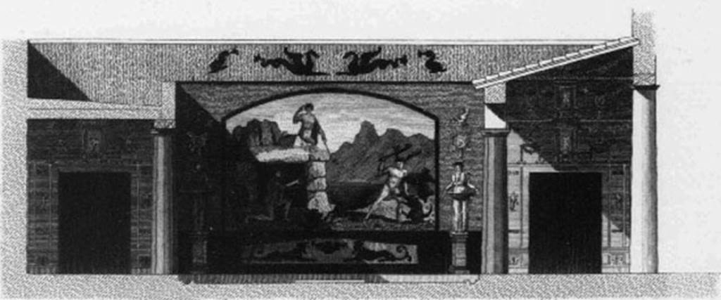 VI.2.4 Pompeii. 1824. Drawing of south wall of garden with rooms on either side of the painting of Diana and Acteon. See Mazois, F., 1824. Les Ruines de Pompei: Second Partie. Paris: Firmin Didot. (pl. 39, 1).