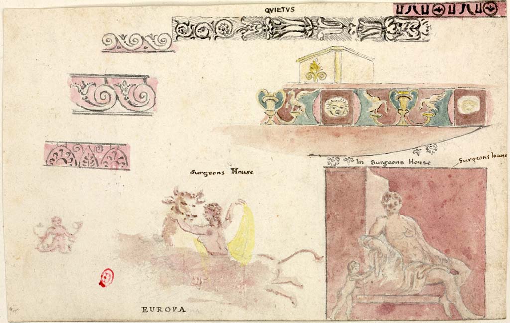VI.2.4 Pompeii. c.1819 sketch by William Gell described as being from “Surgeons House”, whereas “Europa” may be from VI.2.4.
There was a painting of Europa in the garden area above a side window of the cubiculum/diaeta in south-east corner of garden, which was completely destroyed in 1943. 
The sketch on the right, “sitting man with cupid”, described by Gell as from the Surgeons House, he later described as may have been from House of the Vestals, VI.1.7.
See Gell W & Gandy, J.P: Pompeii published 1819 [Dessins publiés dans l'ouvrage de Sir William Gell et John P. Gandy, Pompeiana: the topography, edifices and ornaments of Pompei, 1817-1819], pl. 51.
See book in Bibliothèque de l'Institut National d'Histoire de l'Art [France], collections Jacques Doucet Gell Dessins 1817-1819
Use Etalab Open Licence ou Etalab Licence Ouverte

