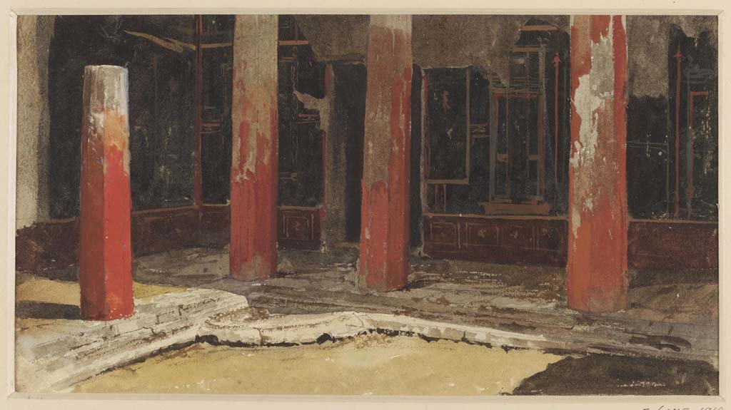 VI.2.4 Pompeii. Undated watercolour, by Luigi Bazzani, looking towards north-east corner of the peristyle of the women's apartments. 
Photo © Victoria and Albert Museum. Inventory number 2054-1900.
