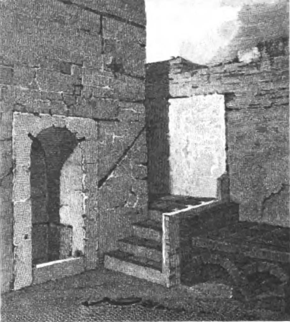 VI.2.4 Pompeii. 1852 drawing entitled Kitchen in the House of Actaeon.
See Gell, W. and Gandy, J., 1852. Pompeiana: Third Edition. London: Bohn, p. 107.
According to Gell,
“26 (on Gell’s plan). Kitchen, and privy for the women's apartments.
Of this a view is given as the foregoing head-piece on page 107. 
On the right of the way upstairs is the hearth for cooking, separated therefrom by wooden ballusters, which do not remain. 
On the other side is an arched recess, about three feet deep; a conveniency, according to modern, at least English ideas, most inconveniently situated.
The wood work of the seat is gone: the marks for the hinges, and fastening to the door, may be observed.
It would appear, that in ancient, as in modern ltaly and Greece, a proximity between the ultimate receptacle of the aliments and their place of preparation was considered desirable.”
See Gell, W. and Gandy, J., 1852. Pompeiana: Third Edition. London: Bohn, p. 123.
