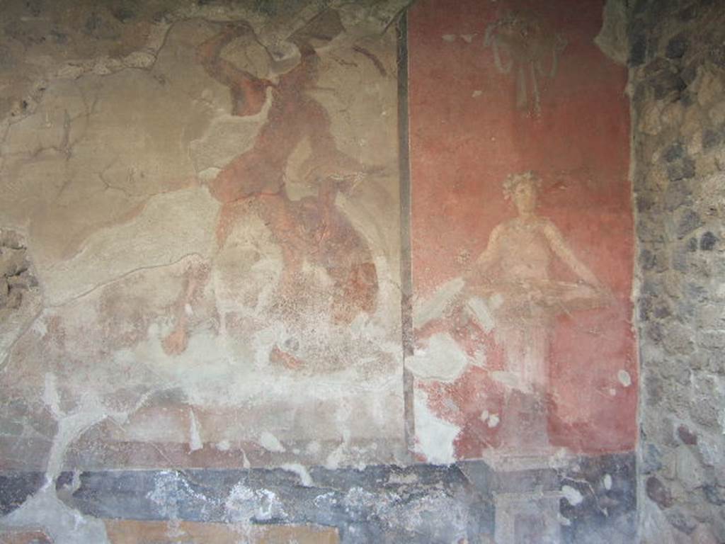 VI.2.4 Pompeii. May 2006. Wall painting of Acteon on south wall of small garden.  On the right is a nymph in guise of a statue holding a fountain bowl in her hand. See Garcia y Garcia, L., 2006. Danni di guerra a Pompei. Rome: L’Erma di Bretschneider. (p.70, T:121).

