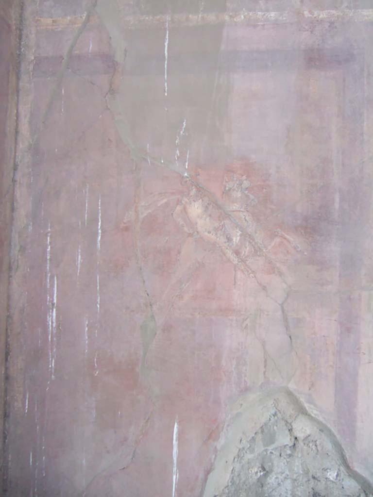 VI.2.14 Pompeii. September 2005. Painted figure on horseback from north wall of triclinium, at east end.
