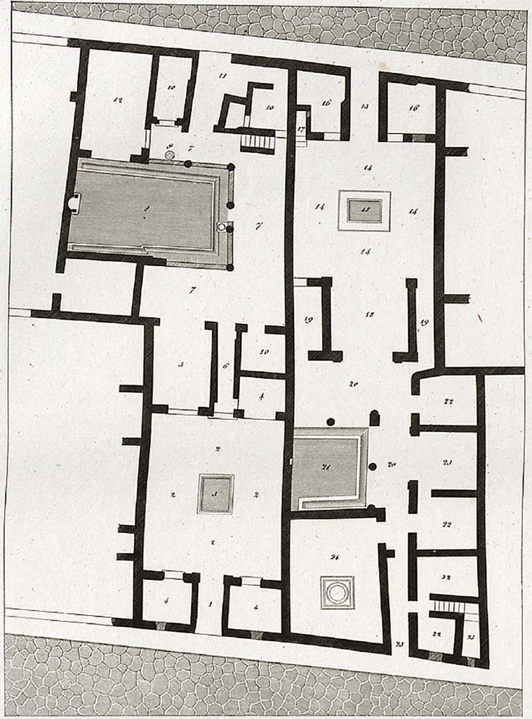 VI.2.16 Pompeii. 1824 plan by Mazois. Entrance VI.2.16 is at the top of the right-hand house. 
VI.2.21 is at the bottom of the same house. VI.2.22 is the entrance of the left-hand house.
See Mazois, F., 1824. Les Ruines de Pompei : Second Partie. Paris : Firmin Didot, Planche XXIV.
