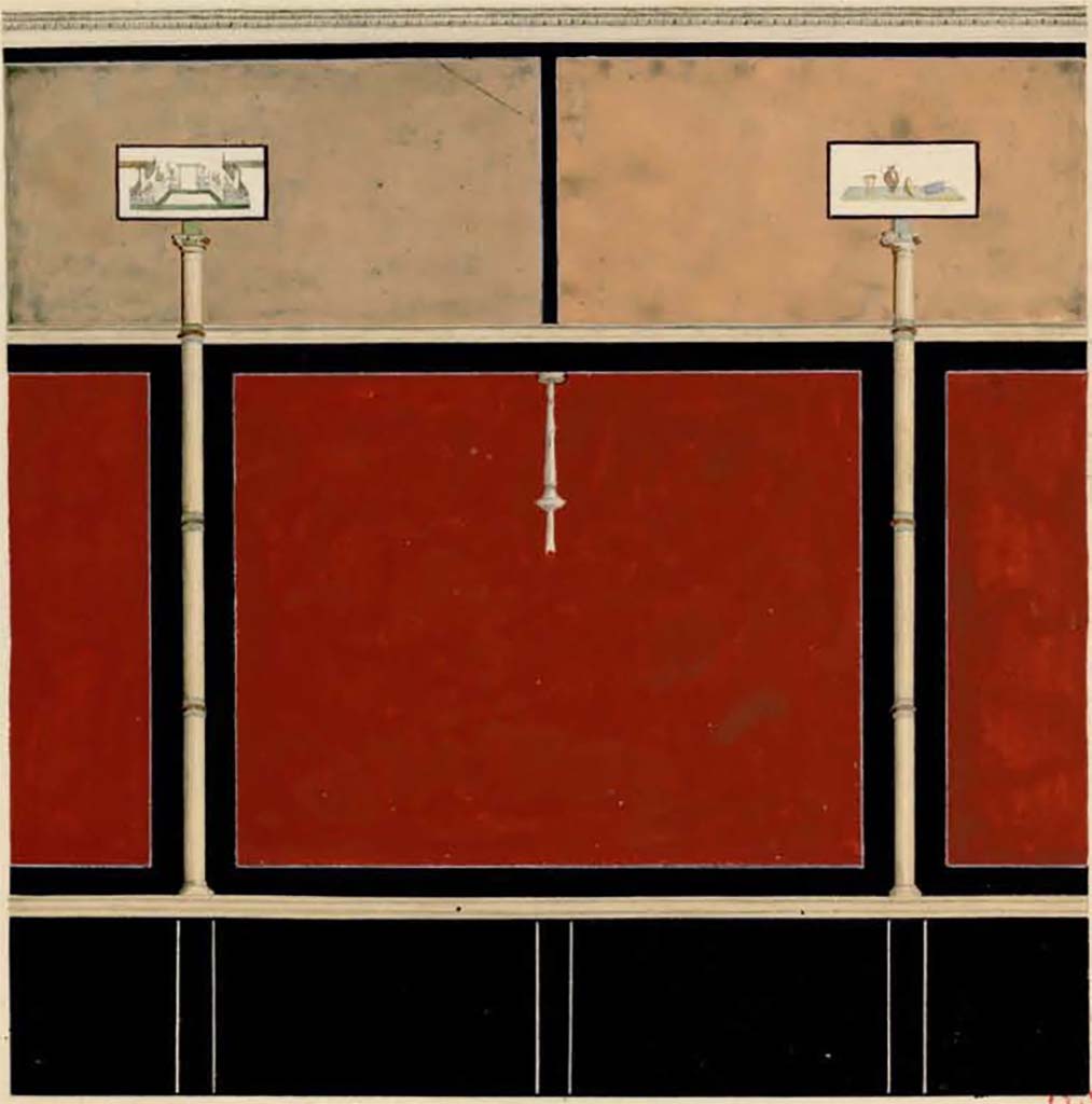 VI.2.16 Pompeii. 1 July 1832. Painting of atrium wall, described as III Candelabra Style, painted by Charles Auguste Questel.
The middle zone was sub-divided into wide red panels separated by narrow black compartments in front of which were painted narrow columns. The zoccolo was painted black.
The upper zone was painted white with paintings of gardens and various votive objects.
The wide red panels were also crossed by candelabra, (note these were absent in the reproduction of this room by Mazois.)
See Charles-Auguste Questel (1807-1888) Voyage en Italie et Sicile. Août 1831 - novembre 1832, pl. 37/120.
INHA identifiant numérique: NUM MS 512. Document placé sous « Licence Ouverte / Open Licence » Etalab 


