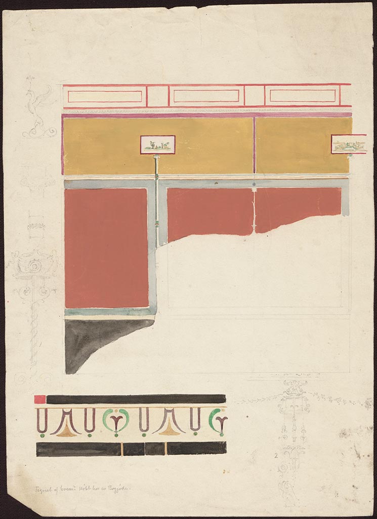VI.2.16 Pompeii. 1 July 1832. Painting of atrium wall, described as III Candelabra Style, painted by Charles Auguste Questel.
The middle zone was sub-divided into wide red panels separated by narrow black compartments in front of which were painted narrow columns. The zoccolo was painted black.
The upper zone was painted white with paintings of gardens and various votive objects.
The wide red panels were also crossed by candelabra, (note these were absent in the reproduction of this room by Mazois.)
See Charles-Auguste Questel (1807-1888) Voyage en Italie et Sicile. Août 1831 - novembre 1832, pl. 37/120.
INHA identifiant numérique: NUM MS 512. Document placé sous « Licence Ouverte / Open Licence » Etalab 

