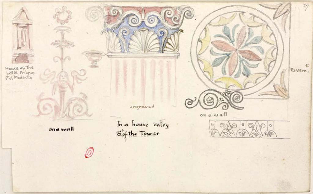VI.2.19/18 Pompeii. Between 1819 and 1832. Drawings by W. Gell.
The Corinthian capital in the centre, was described as “In a house entry South of the Tower” and is from VI.2.18/19.
On the right, the floor decoration is from VI.2.17.
On the left, the phallic symbol, and drawing “on a wall” may be from VI.2.24.
See Gell, W. Pompeii unpublished [Dessins de l'édition de 1832 donnant le résultat des fouilles post 1819 (?)] vol II, pl. 83.
Bibliothèque de l'Institut National d'Histoire de l'Art, collections Jacques Doucet, Identifiant numérique Num MS180 (2).
See book in INHA Use Etalab Licence Ouverte

