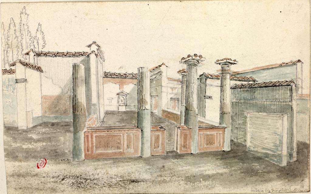 VI.2.22 Pompeii. c.1819 sketch by W. Gell, looking south towards aedicula lararium on south wall of peristyle.
(Note: on the sketch, he called this house “The House of the Surgical Instruments”.
See Gell W & Gandy, J.P: Pompeii published 1819 [Dessins publiés dans l'ouvrage de Sir William Gell et John P. Gandy, Pompeiana: the topography, edifices and ornaments of Pompei, 1817-1819], pl. 17.
See book in Bibliothèque de l'Institut National d'Histoire de l'Art [France], collections Jacques Doucet Gell Dessins 1817-1819
Use Etalab Open Licence ou Etalab Licence Ouverte
