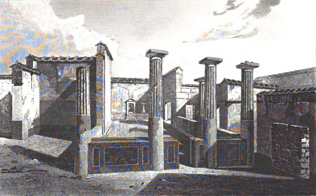 VI.2.22 Pompeii. c.1819 sketch by W. Gell, looking south towards aedicula lararium on south wall of peristyle.
(Note: on the sketch, he called this house “The House of the Surgical Instruments”.
See Gell W & Gandy, J.P: Pompeii published 1819 [Dessins publiés dans l'ouvrage de Sir William Gell et John P. Gandy, Pompeiana: the topography, edifices and ornaments of Pompei, 1817-1819], pl. 17.
See book in Bibliothèque de l'Institut National d'Histoire de l'Art [France], collections Jacques Doucet Gell Dessins 1817-1819
Use Etalab Open Licence ou Etalab Licence Ouverte
