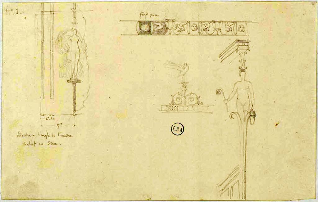 VI.2.22. Casa dell’Iside, or else Casa dell’ Danzatrice. 
Undated drawings by Lesueur, the Ibis, in the middle of the page, is drawn from the Casa dell’Iside. 
See Lesueur, Jean-Baptiste Ciceron. Voyage en Italie de Jean-Baptiste Ciceron Lesueur (1794-1883), pl. 83.
See Book on INHA reference INHA NUM PC 15469 (04)  « Licence Ouverte / Open Licence » Etalab
