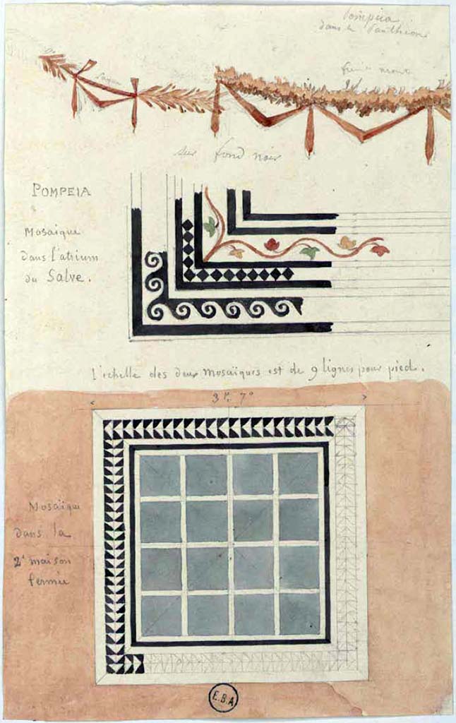 VI.2.22 or VI.1.25 Pompeii. 
The lower watercolour sketch says it is a mosaic in the 2nd house Pompei, which is from VI.2.22, either the tablinum or a triclinium. 
The central sketch is part of a mosaic in the atrium of the House of Salve.
The upper sketch appears to be a garland from the Pantheon (VII.9.7) which it said had a black background. 
See Lesueur, Jean-Baptiste Ciceron. Voyage en Italie de Jean-Baptiste Ciceron Lesueur (1794-1883), pl. 46.
See Book on INHA reference INHA NUM PC 15469 (04)  « Licence Ouverte / Open Licence » Etalab

