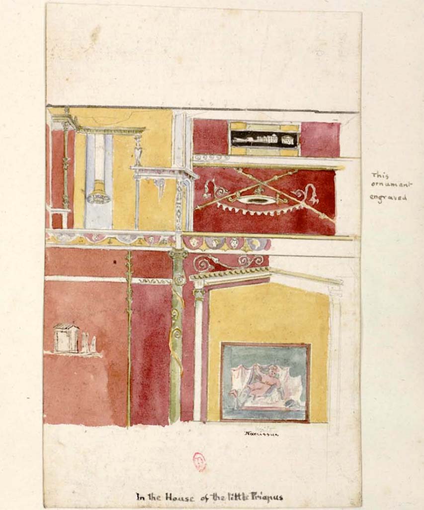VI.2.24 Pompeii. Between 1819 and 1832.
Watercolour by W. Gell of a wall in the oecus in the north-west corner, with painting of Narcissus.
Gell described this house as “In the house of the Little Priapus”, we have not managed to find this location and name, but are hoping this may be correct.
See Gell, W. Pompeii unpublished [Dessins de l'édition de 1832 donnant le résultat des fouilles post 1819 (?)] vol II, pl. 85.
Bibliothèque de l'Institut National d'Histoire de l'Art, collections Jacques Doucet, Identifiant numérique Num MS180 (2).
See book in INHA Use Etalab Licence Ouverte
