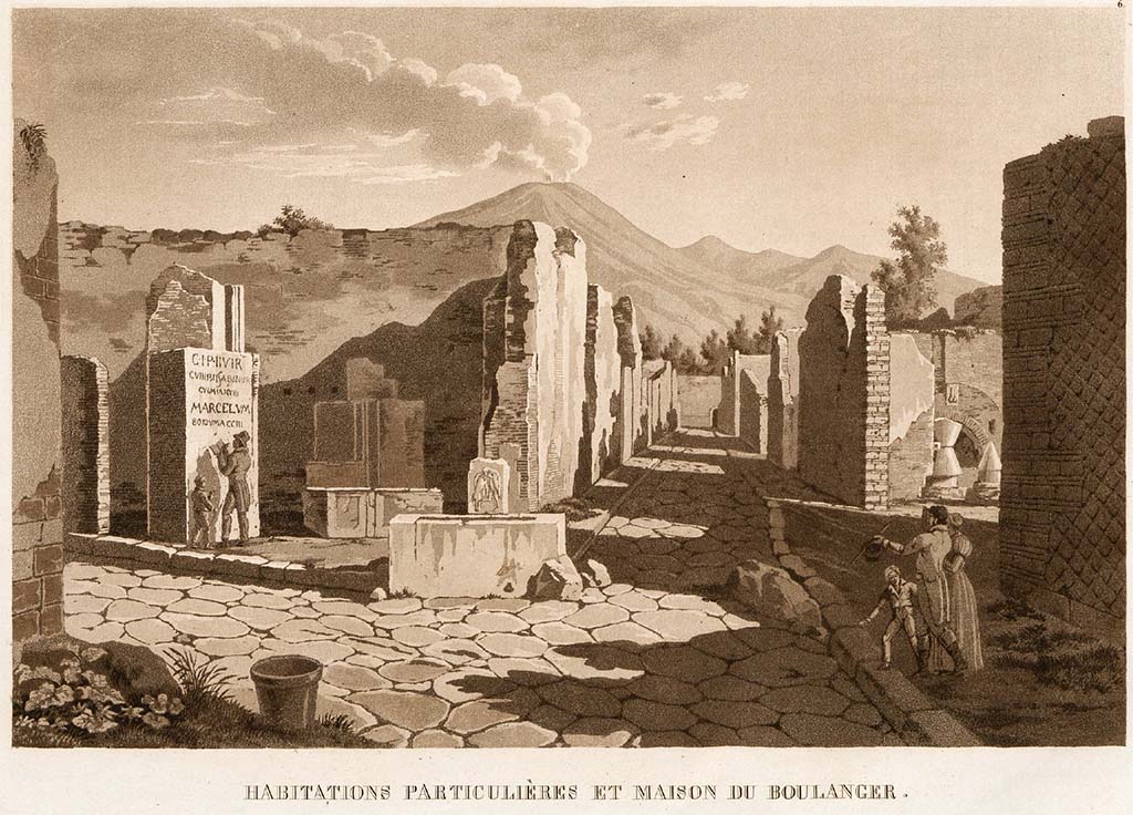 VI.3.20 Pompeii. Pre-1824. 
Painting by J. W. Huber, looking north to bar at junction of Via Consolare with Vicolo di Modesto. On the right is the bakery at VI.6.17.
See Huber, J. W., 1824. Vues pittoresques des ruines les plus remarquables de lancienne ville de Pompei, Livraison II. Zurich : Huber and Fuessli, pl. 6. 
