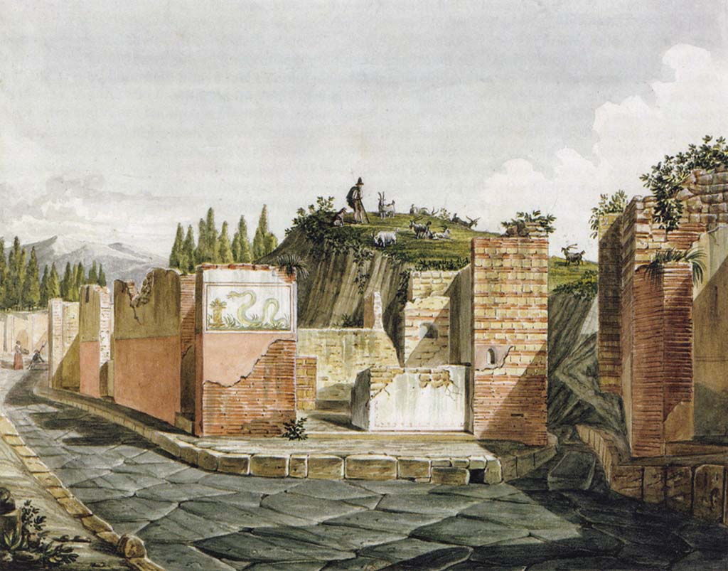 VI.4.1 Pompeii. 1824 painting showing façade, street shrine and snake painting. 
Foto Taylor Lauritsen, ERC Grant 681269 DÉCOR.
See Mazois, F., 1824. Les Ruines de Pompei : Second Partie. Paris : Firmin Didot. (Pla. 6, fig. 2).
