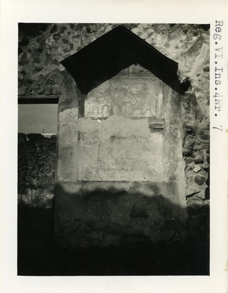 VI.4.4 Pompeii but shown as VI.4.7 on photo. Pre-1937-39. Lararium shrine on north wall.
Photo courtesy of American Academy in Rome, Photographic Archive. Warsher collection no. 018.
See Boyce G. K., 1937. Corpus of the Lararia of Pompeii. Rome: MAAR 14.  (p. 46, no. 151).
