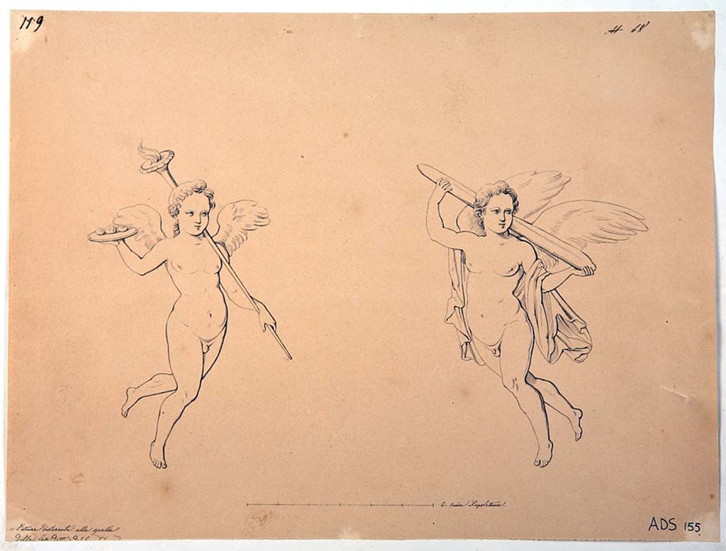 VI.5.3 Pompeii. Drawing by Giuseppe Abbate, of two vignettes of cupids, now disappeared. 
According to the description by Avellino (BAN 1844), it is probable that these two vignettes come (respectively) from Rooms 20 and 1
Now in Naples Archaeological Museum. Inventory number ADS 155.
Photo  ICCD. http://www.catalogo.beniculturali.it
Utilizzabili alle condizioni della licenza Attribuzione - Non commerciale - Condividi allo stesso modo 2.5 Italia (CC BY-NC-SA 2.5 IT)
