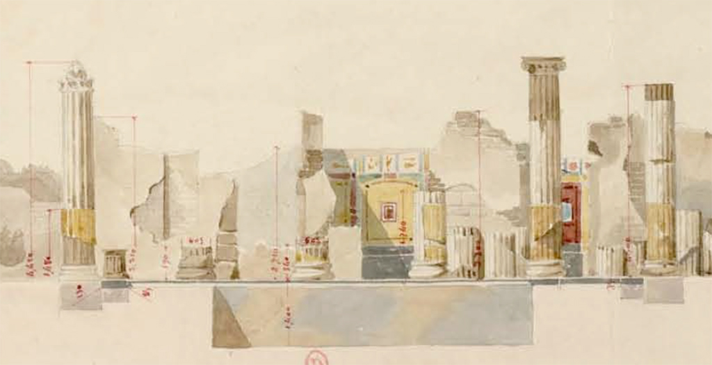 VI.6.1 Pompeii. July 1826, part of drawing by P.A. Poirot. Looking towards six columns on west side of peristyle and decorated rooms.
See Poirot, P. A., 1826. Carnets de dessins de Pierre-Achille Poirot. Tome 2 : Pompeia, pl. 17.
See Book on INHA  Document placé sous « Licence Ouverte / Open Licence » Etalab 
