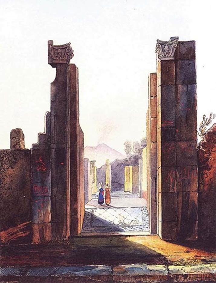 VI.6.1 Pompeii. 19th C. painting by G Gigante of entrance doorway on Via delle Terme.
The painting depicts inscriptions on the front of the house including the word PANSA. We do not know the accuracy of these.
According to Pagano and Prisciandaro, found in August 1814 painted in red near the principal entrance and to the right of an annexed shop, were the following –

Suettium aed(ilem) d(ignum) r(ei) p(ublicae)
Olius Primus
rog(at)    [CIL IV 250]

Pansam aed(ilem) Paratus rog(at)    [CIL IV 251]

See Pagano, M. and Prisciandaro, R., 2006. Studio sulle provenienze degli oggetti rinvenuti negli scavi borbonici del regno di Napoli. Naples : Nicola Longobardi. 
(p.111, PAH I, 3,156, 57, add.274, dated 11th August 1814).
