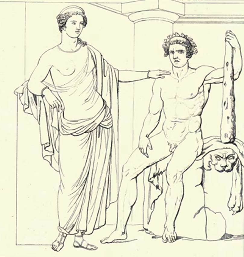 VI.7.6 Pompeii.  Room 10. Triclinium.  East wall. Drawing by Roux of wall painting of Hercules and Iole.