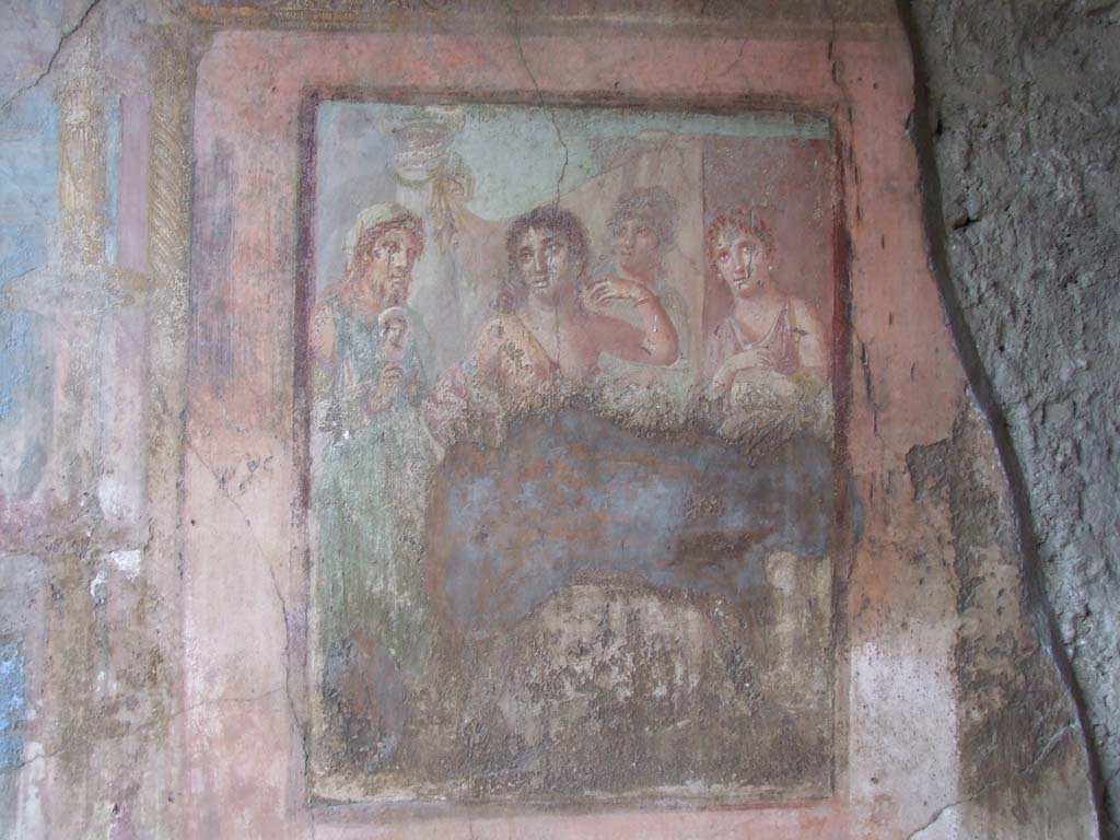 VI.7.18 Pompeii. December 2006. East wall of oecus to south of peristyle.  
Wall painting of “La toletta del Ermafrodito” or “The toilet of Hermaphrodite”.
