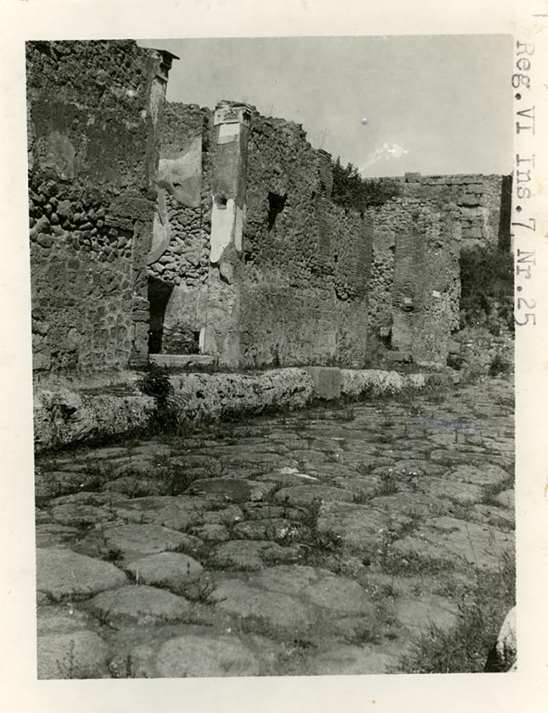 VI.7.25 Pompeii. Pre-1937-39. Doorway on west side of Via di Mercurio, on left.
The doorway to VI.7.26 at the north end of Via Mercurio can be seen on the right.
Photo courtesy of American Academy in Rome, Photographic Archive.  Warsher collection no. 1520.
