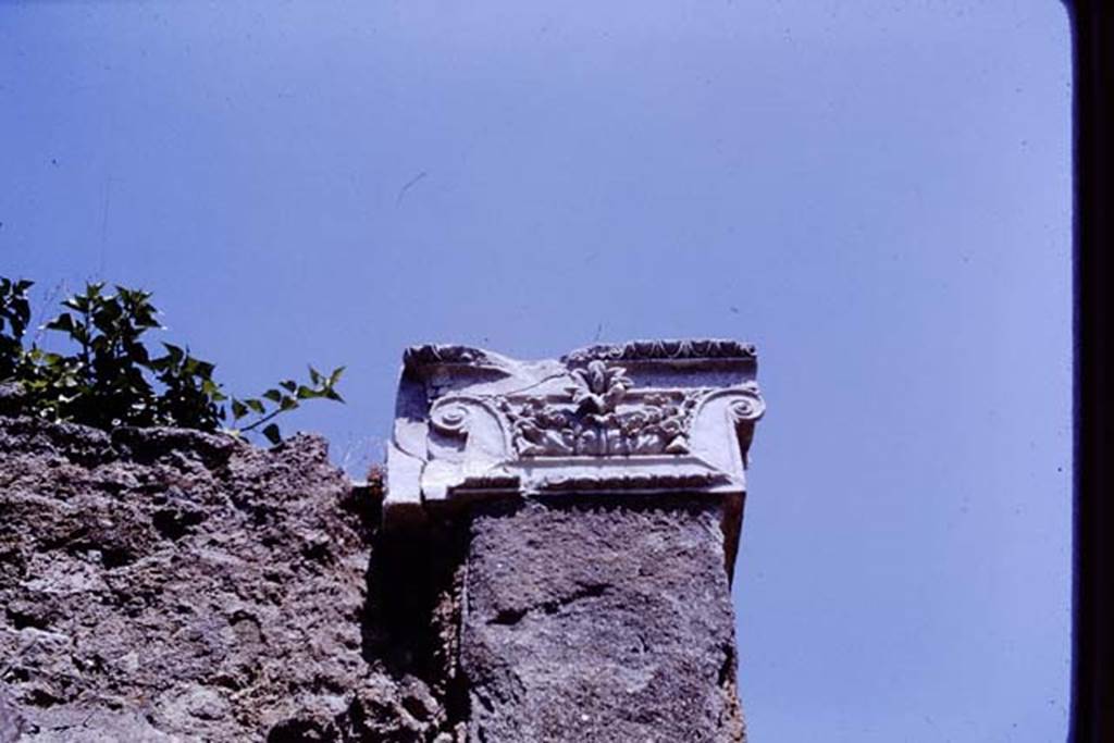VI.7.25 Pompeii, 1968. Decorative capital with Acanthus flowers, from north side of entrance doorway. Photo by Stanley A. Jashemski.
Source: The Wilhelmina and Stanley A. Jashemski archive in the University of Maryland Library, Special Collections (See collection page) and made available under the Creative Commons Attribution-Non Commercial License v.4. See Licence and use details. J68f0699

