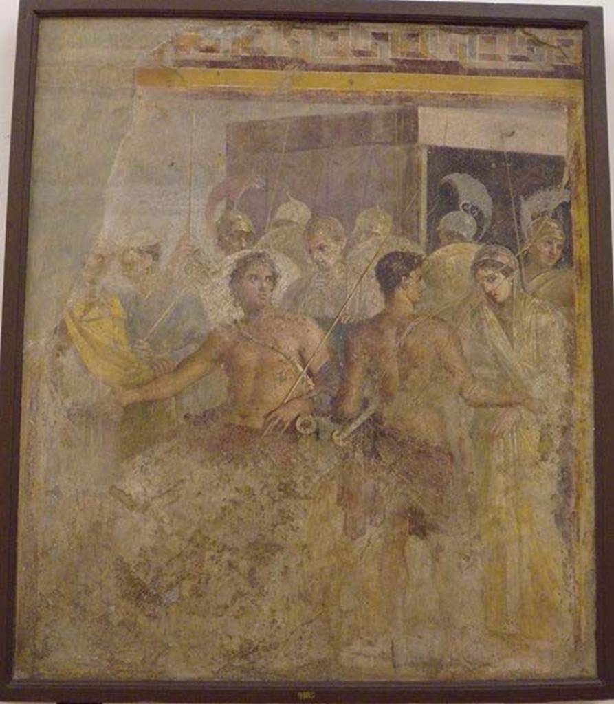 VI.8.5 Pompeii. Found 4th December 1824. Wall between rooms 2 and 3: 
One of the six panels more than 4 foot high, that used to adorn the walls of the atrium. 
Wall painting of The delivery of Briseis to the messenger of Agamemnon. 
Now in Naples Archaeological Museum. Inventory number 9105.
See Mau, A., 1907, translated by Kelsey F. W. Pompeii: Its Life and Art. New York: Macmillan. (p.316 & 317).
