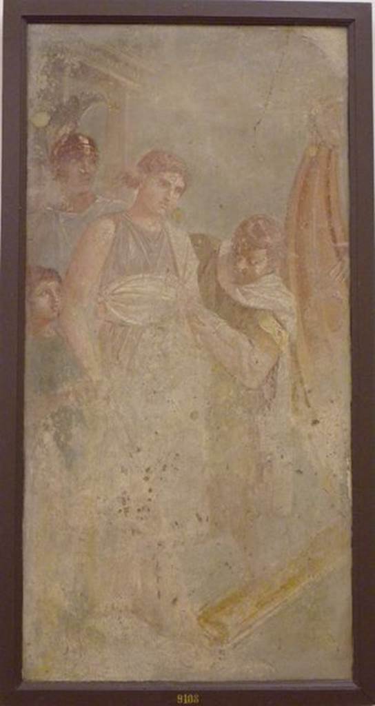 VI.8.5 Pompeii.  Found 4th December 1824.  
Room 1, atrium. South west corner.  Part of wall painting of Helen about to board the boat to Troy with Paris. Now in Naples Archaeological Museum.  Inventory number 9108.  On the south west side of this wall was one of the six panels, more than 4 foot high, that used to adorn the walls of the atrium.  Mau identifies a possible site of the painting of The Judgment of Paris, but says the picture is now entirely obliterated.  See Mau, A., 1907, translated by Kelsey F. W. Pompeii: Its Life and Art. New York: Macmillan. (p.316).

