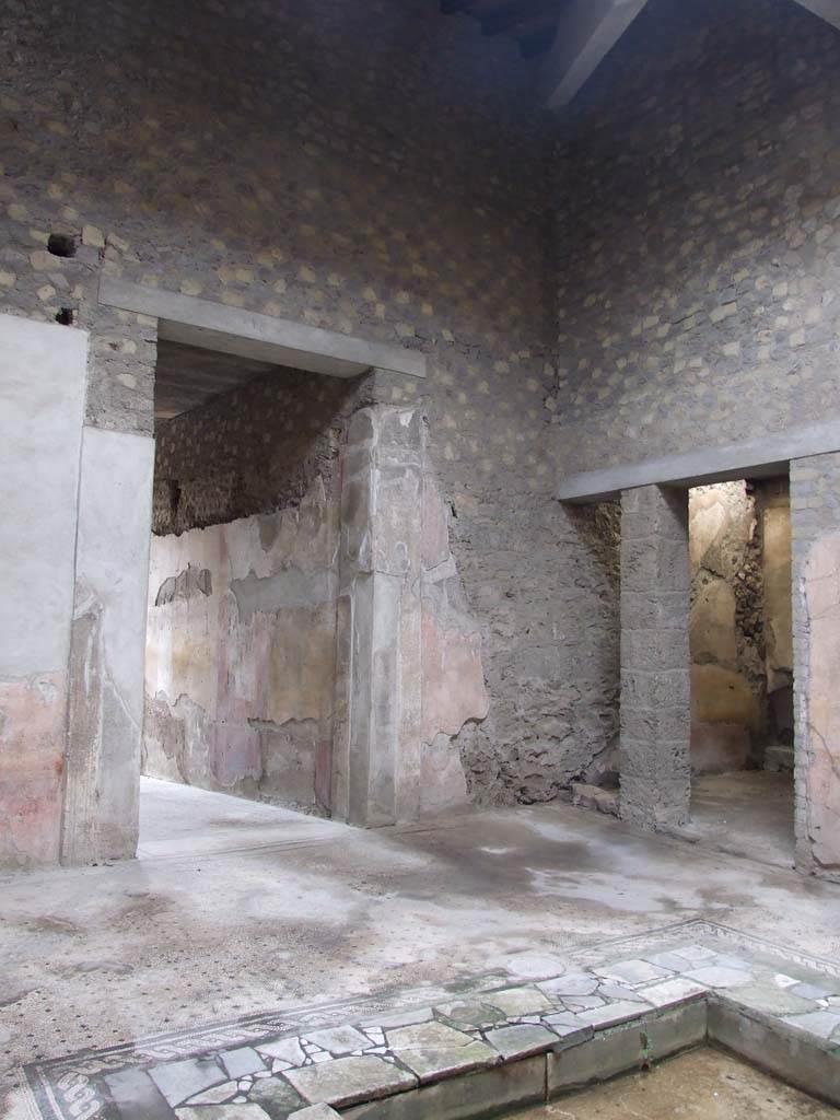 VI.8.5 Pompeii. March 2009. Room 1, south-west corner of atrium. 
On the south-west side of this wall was one of the six panels more than 4 foot high, that used to adorn the walls of the atrium. 
Possible site of the painting of The Judgment of Paris – the picture is now entirely obliterated.
See Mau, A., 1907, translated by Kelsey F. W. Pompeii: Its Life and Art. New York: Macmillan. (p.316).
