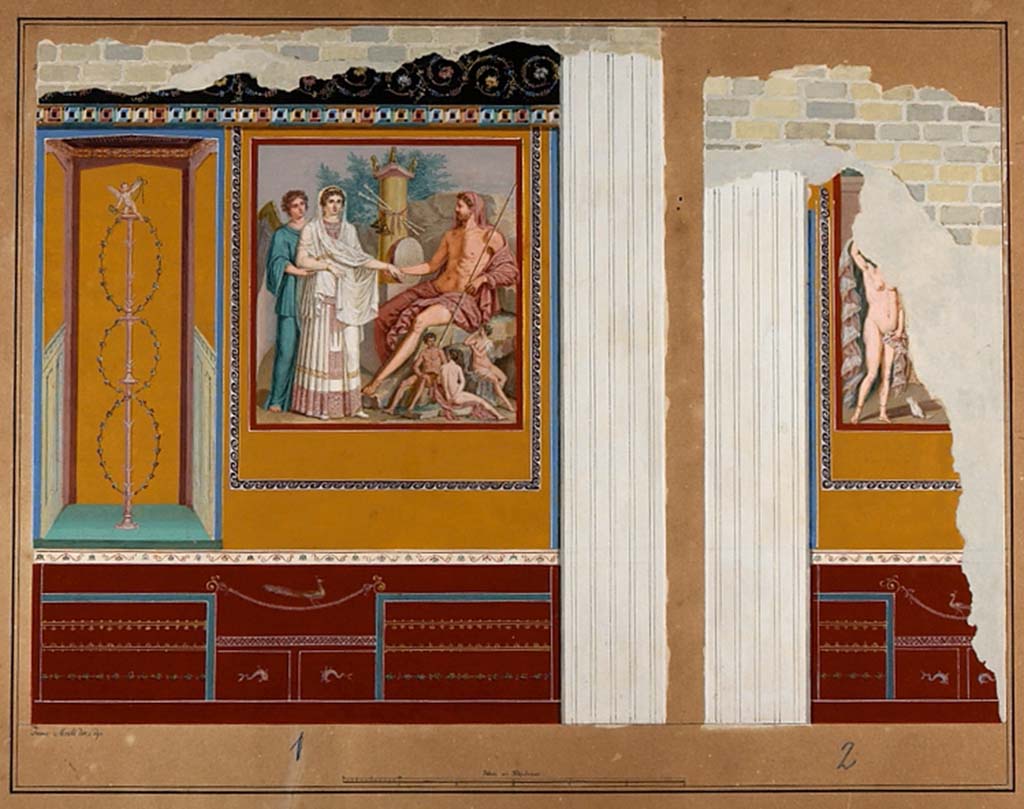 VI.8.5 Pompeii. Painting by Francesco Morelli showing two paintings from the south wall of the atrium. 
On the left side is the painted wall on the east side of the south wall with painting of The Wedding of Zeus and Hera.
On the right side is the remaining decoration from the west side of the south wall, perhaps Mars and Venus, perhaps The Judgement of Paris. 
This painting was not detached and taken to Naples Museum, due to its precarious state of preservation.
Now in Naples Archaeological Museum. Inventory number ADS 262.
Photo © ICCD. http://www.catalogo.beniculturali.it
Utilizzabili alle condizioni della licenza Attribuzione - Non commerciale - Condividi allo stesso modo 2.5 Italia (CC BY-NC-SA 2.5 IT)
