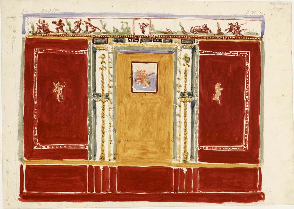VI.8.5 Pompeii. Painting by Gottlieb Bindesbll (1800-1856) of wall in Room 9, cubiculum.
Photo  Danmarks Kunstbibliotek inv. no. ark_7138.
