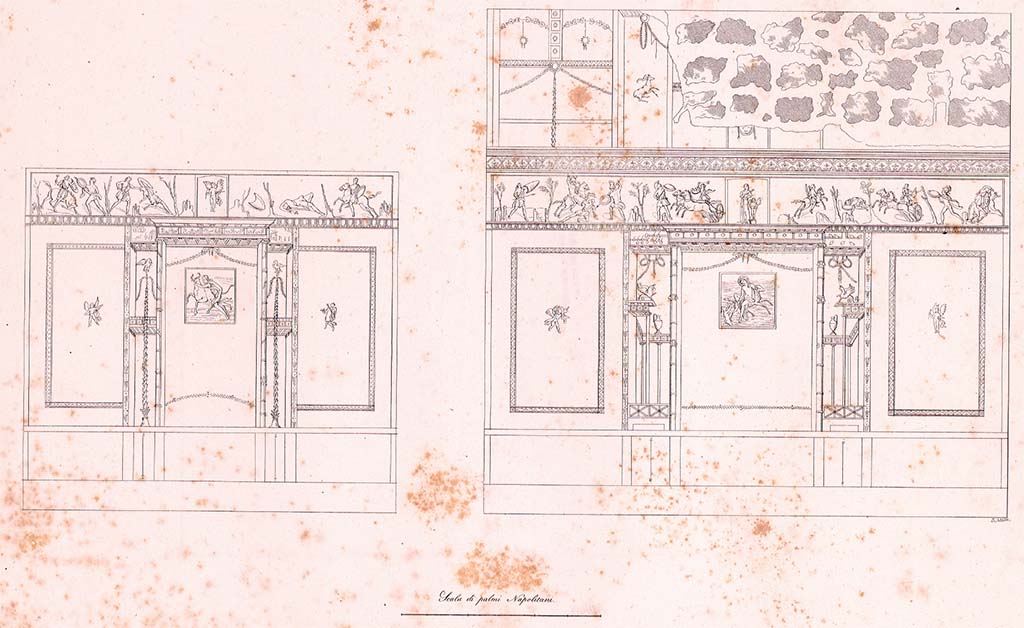 VI.8.5 Pompeii. c.1828. Room 9, drawing by Zahn of south wall, on left, and west wall, on right.
See Zahn W. Neu entdeckte Wandgemlde in Pompeji gezeichnet von W. Zahn [ca. 1828], taf. 9. 

