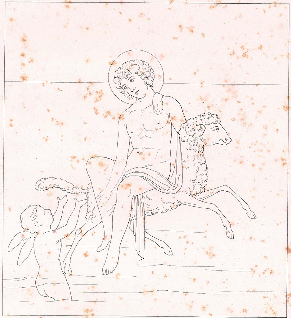 VI.8.5 Pompeii. c.1828. Room 9, drawing by Zahn of Phryxus and Helle, the central painting on west wall. 
See Zahn W. Neu entdeckte Wandgemlde in Pompeji gezeichnet von W. Zahn [ca. 1828], taf. 11.

