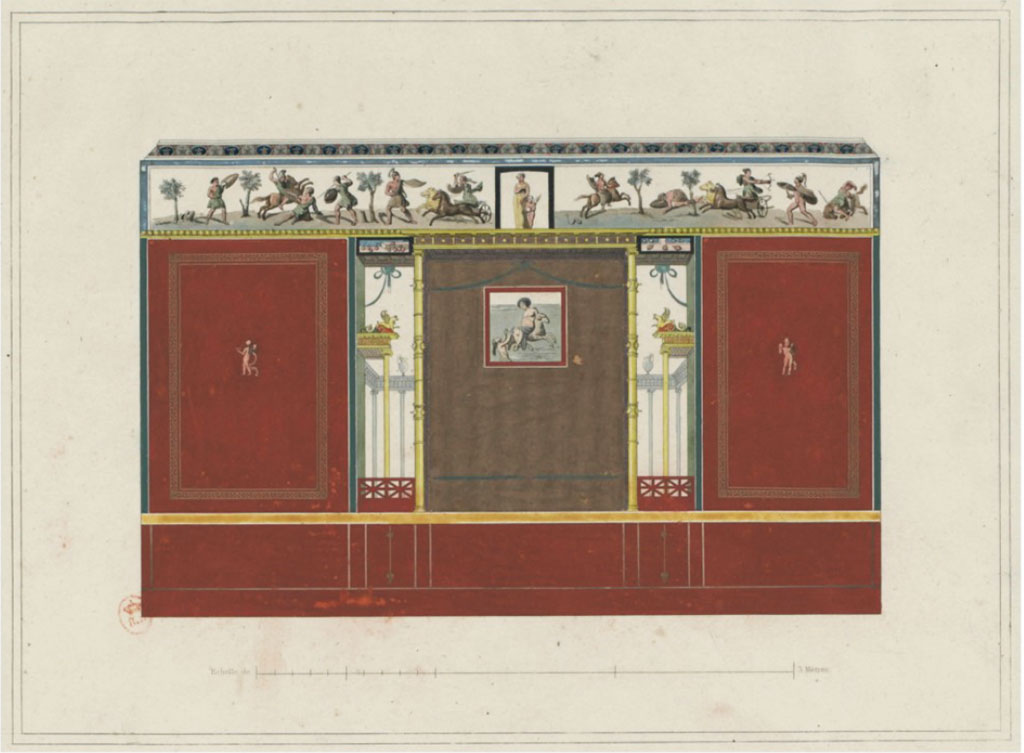 VI.8.5 Pompeii. c.1828. Room 9, looking towards west wall of cubiculum with painting of Phryxus and Helle in the centre.
See Raoul Rochette et Bouchet J., 1828. Choix d'Edifices Indits : Maison du Pote Tragique. Paris, pl 7. (Chambre 18 on their plan.)
