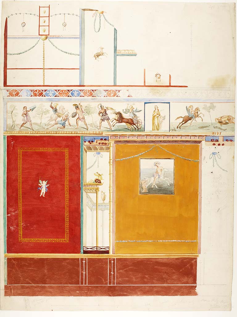 VI.8.5 Pompeii. Room 9, 1841 painting by Carl Lffler of west wall of cubiculum.
Photo courtesy Thorvaldsens Museum Copenhagen, inventory number D1816. Use Public Domain CC0.
