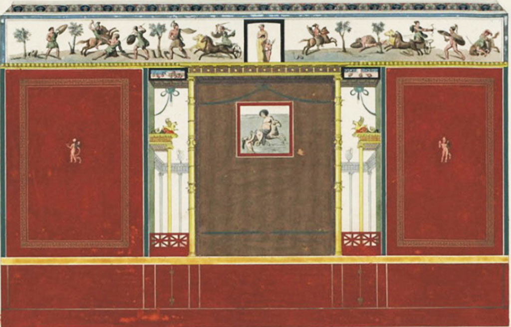 VI.8.5 Pompeii. c.1828. Room 9, west wall of cubiculum with painting of Venus Pompeiana in the centre of the top frieze with battle scenes on either side.
See Raoul Rochette et Bouchet J., 1828. Choix d'Edifices Indits : Maison du Pote Tragique. Paris, pl 7. (Chambre 18).
