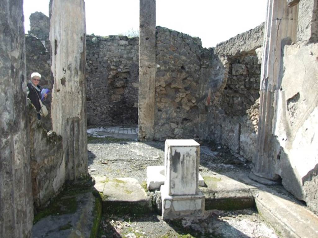 VI.8.21 Pompeii. March 2009. Looking west across impluvium in atrium, towards tablinum.