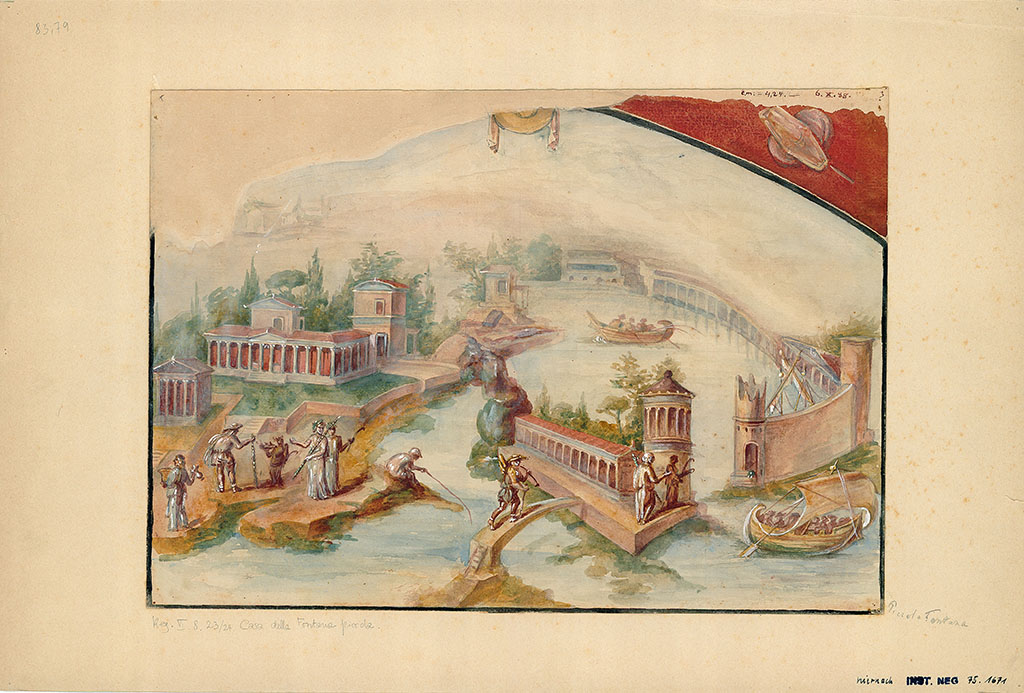 VI.8.23 Pompeii. 1888 watercolour copy of painted south wall to side of fountain.
DAIR 83.79. Photo © Deutsches Archäologisches Institut, Abteilung Rom, Arkiv. 
See http://arachne.uni-koeln.de/item/marbilder/5022253
