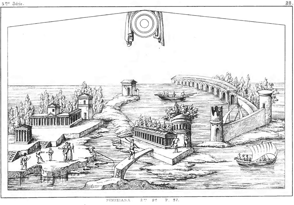 VI.8.23 Pompeii. 1840. Drawing by Roux of painting on south wall of garden area. 
See Roux, H., 1840. Herculanem et Pompei recueil général des Peintures, Bronzes, Mosaïques : Tome 3. Paris : Didot. Peintures 5, p.46-47, Planche 28.
