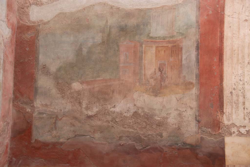 VI.8.23 Pompeii. September 2017. Painted west wall in south-west corner of garden area. Photo courtesy of Klaus Heese. 

