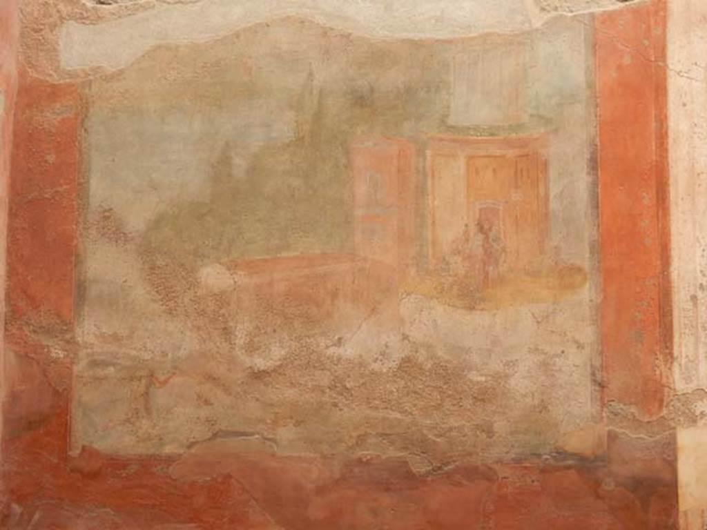 VI.8.23 Pompeii. May 2017. Painted west wall in south-west corner of garden area.
Photo courtesy of Buzz Ferebee.
