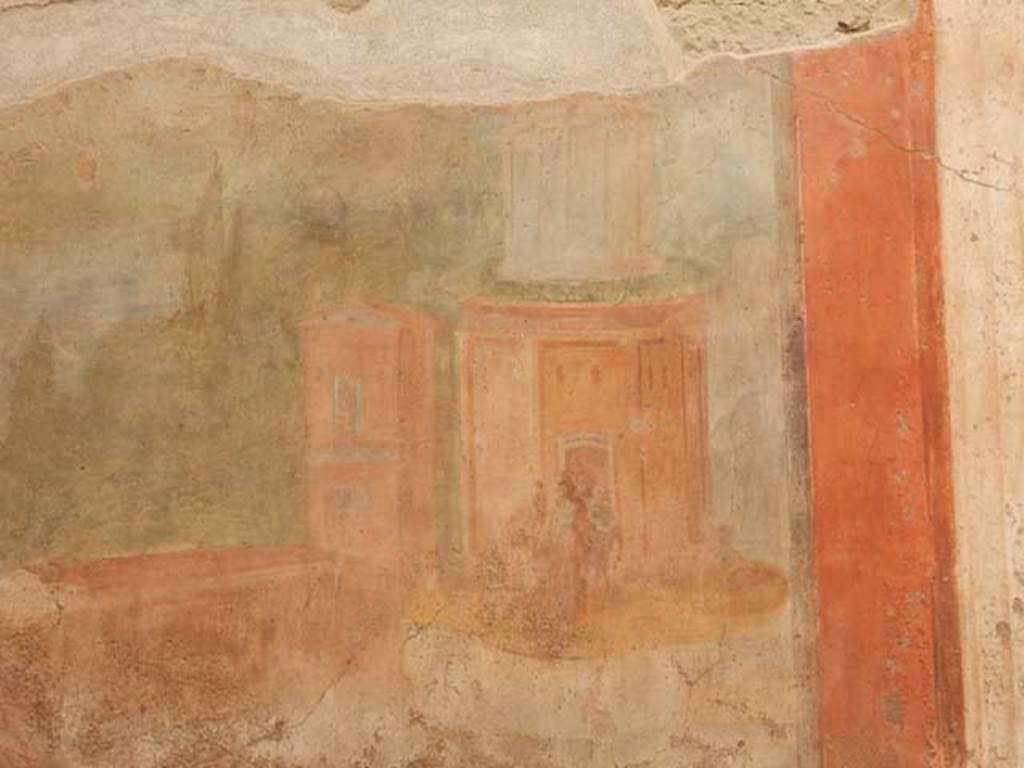 VI.8.23 Pompeii. May 2017. Detail from painted west wall in south-west corner of garden area. Photo courtesy of Buzz Ferebee.
