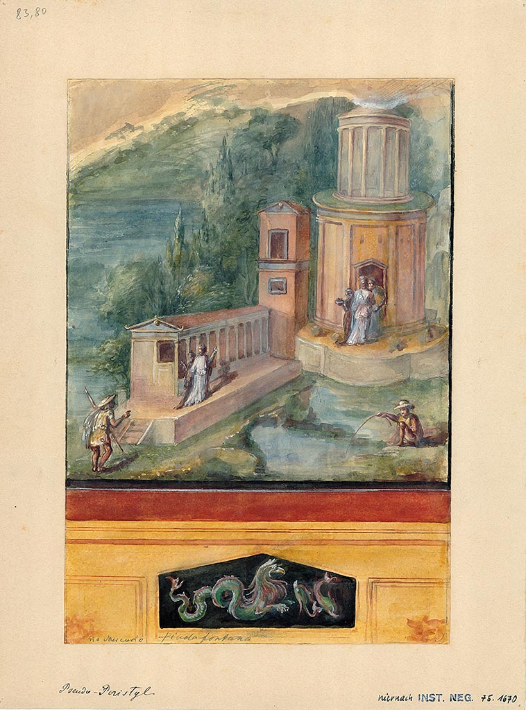 VI.8.23 Pompeii. 19th century watercolour copy of landscape on west wall at the south end.
DAIR 83.80. Photo © Deutsches Archäologisches Institut, Abteilung Rom, Arkiv. 
See http://arachne.uni-koeln.de/item/marbilder/5022254
