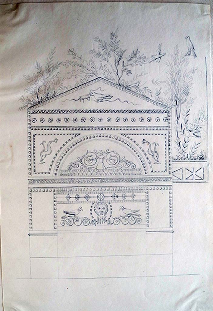 VI.8.23 Pompeii. c.1832. Drawing by Edmond Chambert showing upper part of fountain and painting above, on west wall.
See Chambert, E., 1832. Dessins de Pompeia. (p.16).
