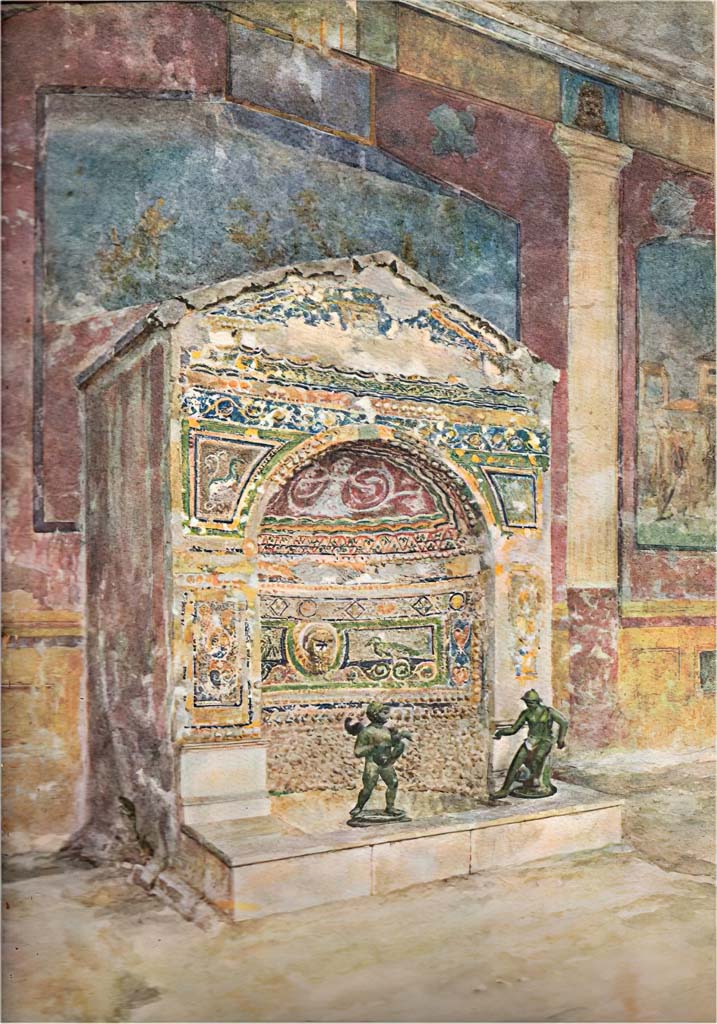 VI.8.23 Pompeii. Undated watercolour by Luigi Bazzani, looking north-west across fountain.