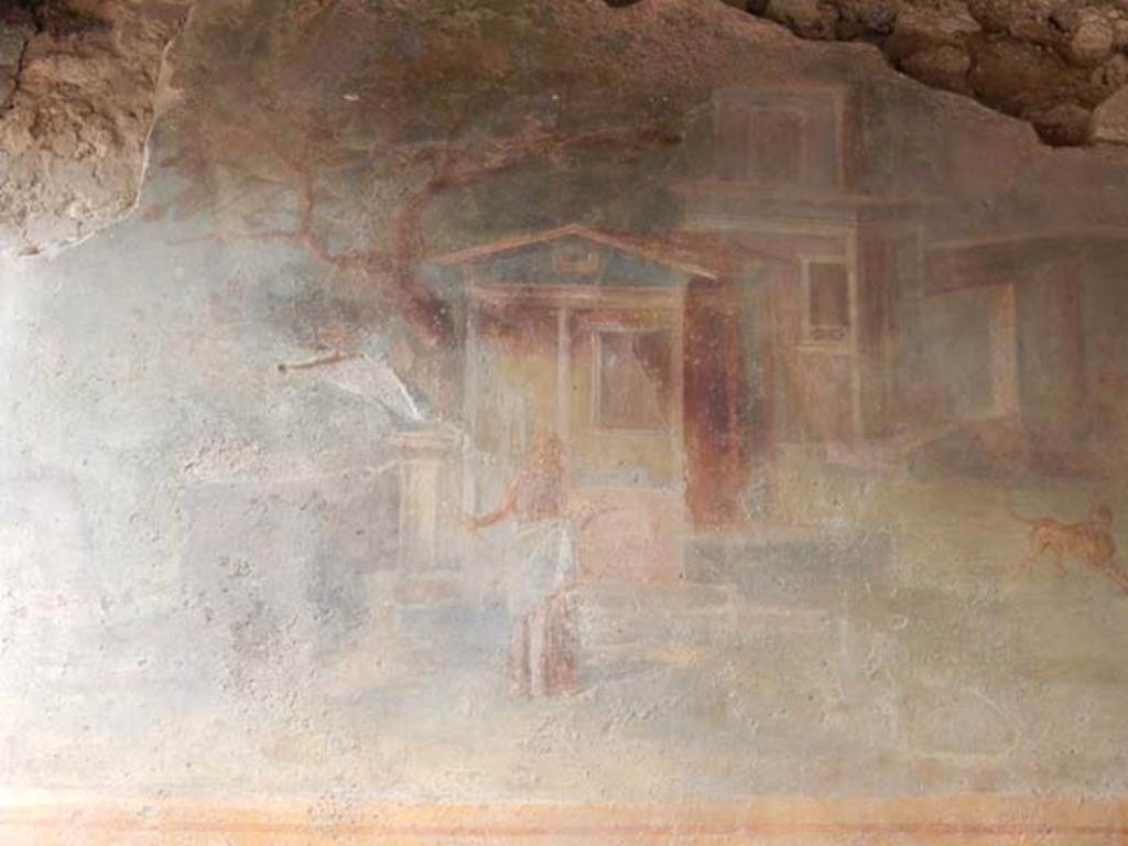 VI.8.23 Pompeii. May 2017.  Detail from sacred landscape, a tree on the left of a sanctuary, in front of which is a female figure probably a priestess. Photo courtesy of Buzz Ferebee.
