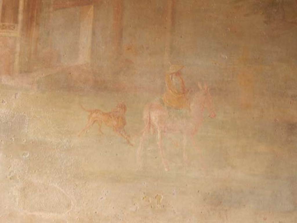VI.8.23 Pompeii. May 2017. Detail from centre of sacred landscape showing a man on a mule with a dog following behind.  Photo courtesy of Buzz Ferebee.
