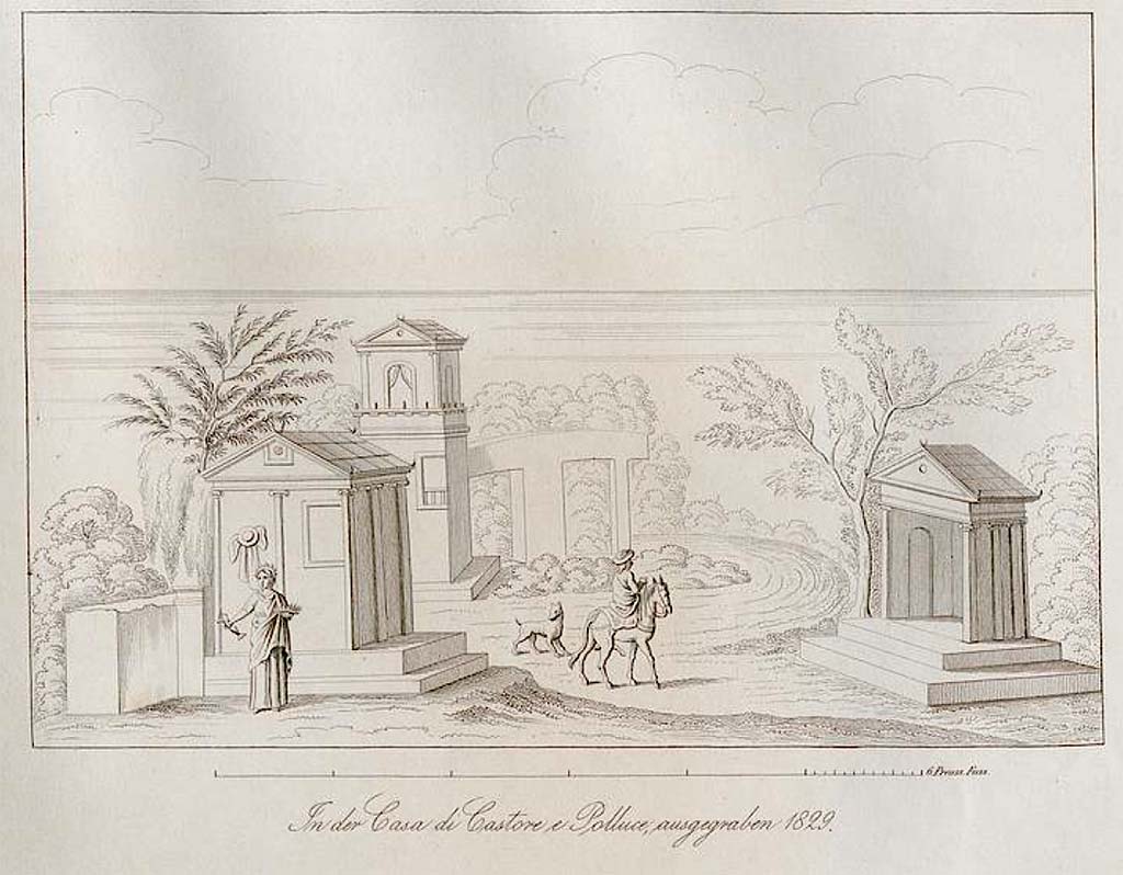 VI.8.23 Pompeii. Pre-October 1852. Drawing by Zahn, of painted sacred landscape from upper west wall of north portico of garden area. 
Zahn described it as – “many small temples, a priestess and a man on horseback. 
The walls of the first temple are yellow, the columns and architrave are white. The tympanum of the pediment is green and the roof red. 
In the house, placed behind, the ground floor is red, the frieze is blue, the floor above is green and the tympanum of the pediment is blue, the columns and cornices are white. 
The walls of the temple on the right are red, the columns white, the frieze and the tympanum of the pediment are blue; the roof is a brownish/red.
See Zahn, W., 1852. Die schönsten Ornamente und merkwürdigsten Gemälde aus Pompeji, Herkulanum und Stabiae: III. Berlin: Reimer, (Pl.48).
According to Zahn, this was from VI.9.6, but we were unable to find it there. 
