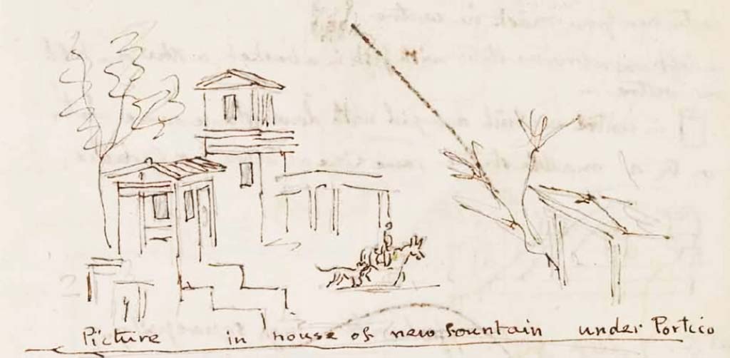 VI.8.23 Pompeii. c.1830. Drawing by Gell from his sketchbook depicting the landscape painting from west wall of north portico of pseudo-peristyle.
See Gell, W. Sketchbook of Pompeii, c.1830. 
See book from Van Der Poel Campanian Collection on Getty website http://hdl.handle.net/10020/2002m16b425
